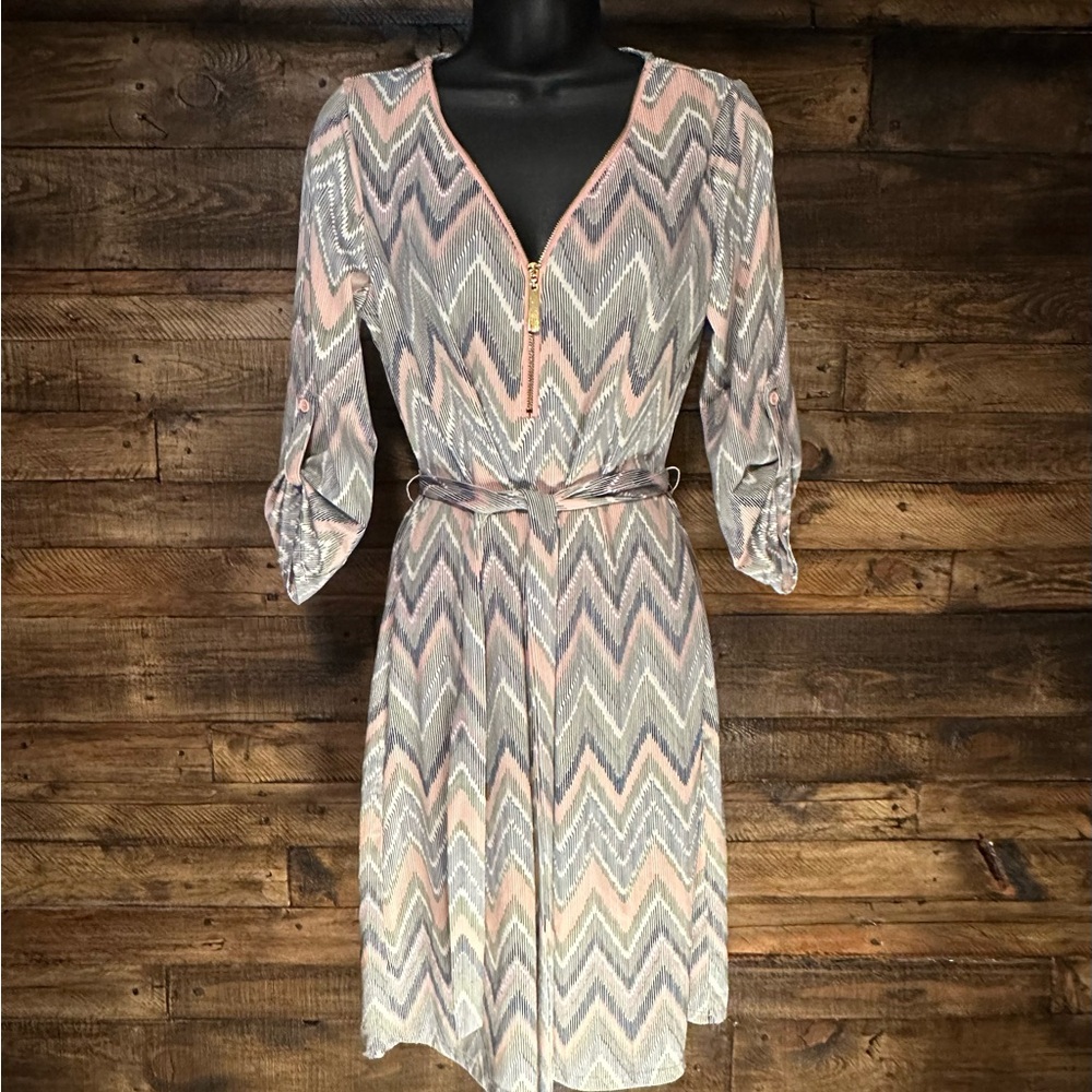 Tacera Chevron Patterned Dress with Belt